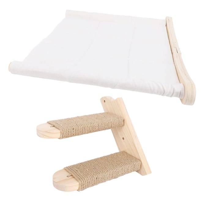 Katten Hangmat voor aan de Muur met Trappen Houten Muurmeubel Kat Klimplank Stabiel Kattenmuurbed voor beige
