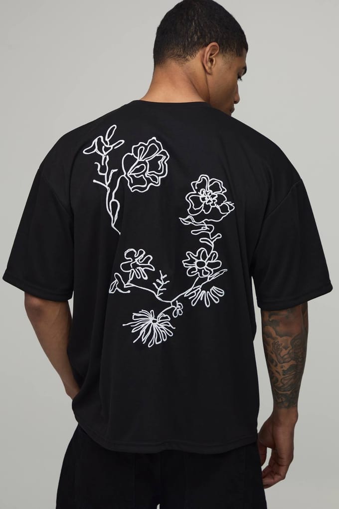 Oversized T-shirt Met Bloemenborduursels In Zware Interlock | Black | Size Medium