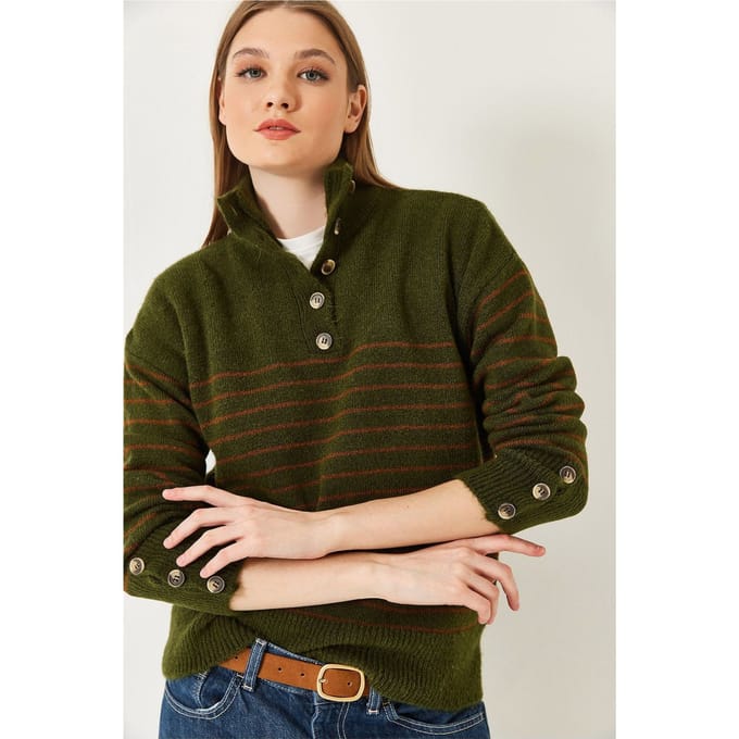 Knitted Sweater met Knopenkraag en Streepdesign