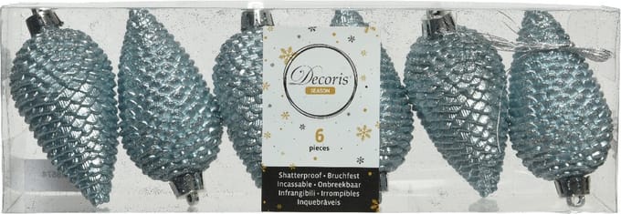 Decoris Kersthangers dennenappels - 6x - lichtblauw - glitter - 8 cm - kunststof - kerstversiering