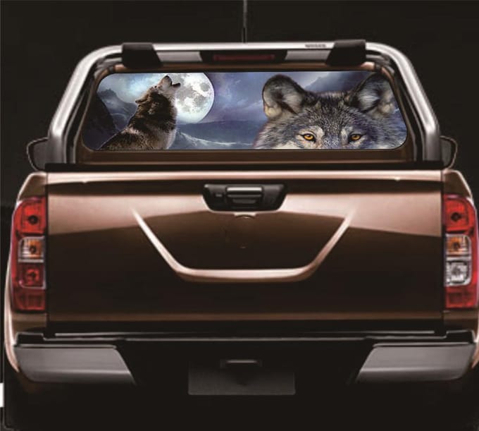 Geperforeerde raamsticker Wolf Moon Truck Achterruitsticker 147x46CM gray