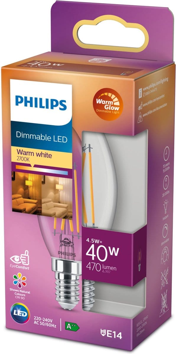 Philips LED Kaars E14 Transparant 40W Dimbaar Warm Wit Licht