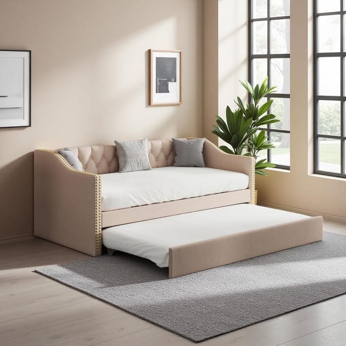 Multifunctioneel Slaapbank met Lattenbodem - Uitschuifbaar Tweepersoons Daybed in Beige