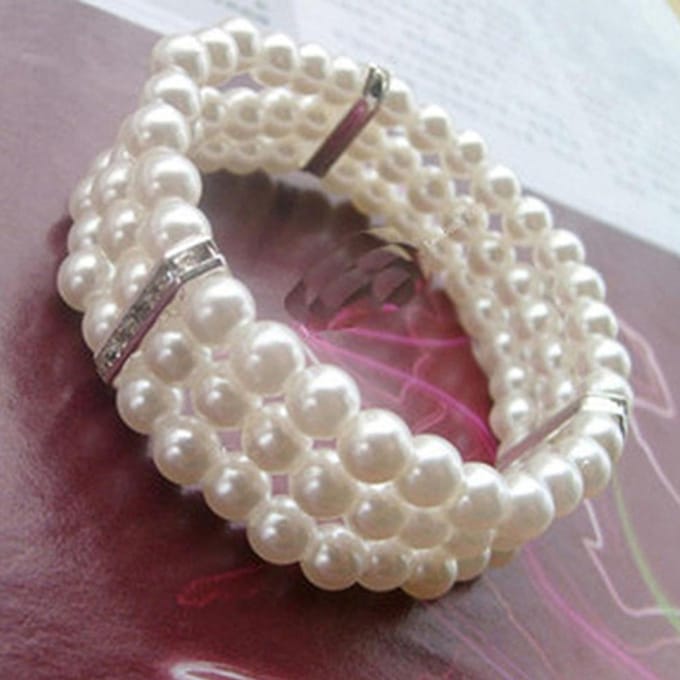 Mode 3 rijen faux parel strass decor elastische rekbare armband gray