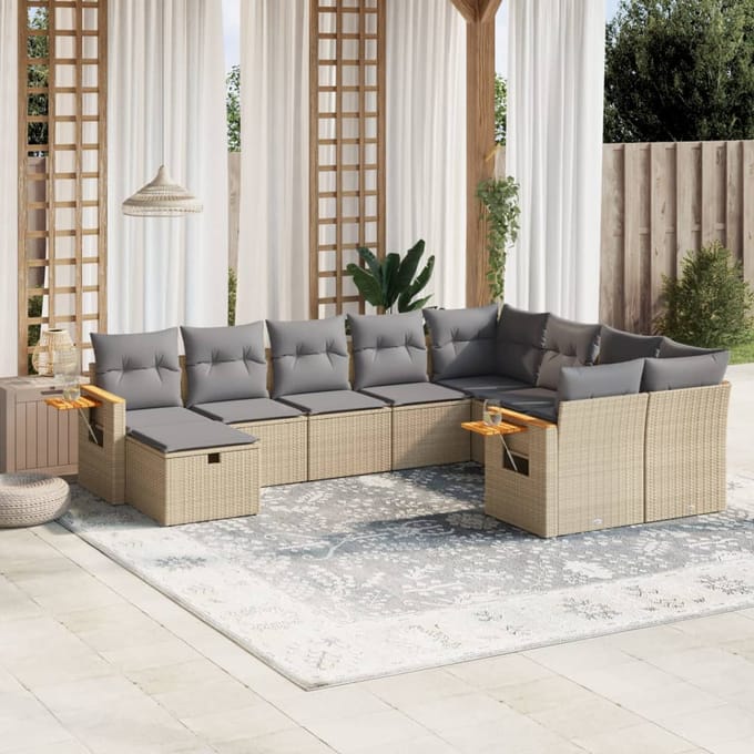 vidaXL - 10-delige - Loungeset - met - kussens - poly - rattan - beige