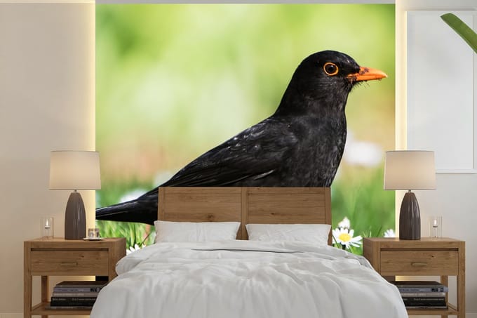Behang - Fotobehang Vogel - Merel - Bloemen - Breedte 280 cm x hoogte 280 cm