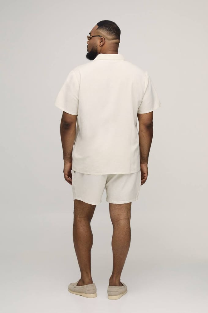 Plus Vakantie Linnen Mix Regular Overhemd & Relaxed Short Set | Natural | Size 2XL