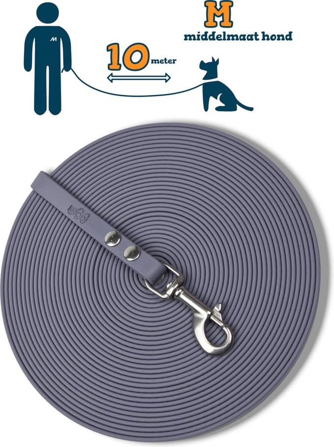 Miqdi BioThane® Sleeplijn 10 meter – zonder handvat – M (13 mm) – grijs – waterdicht & sterk