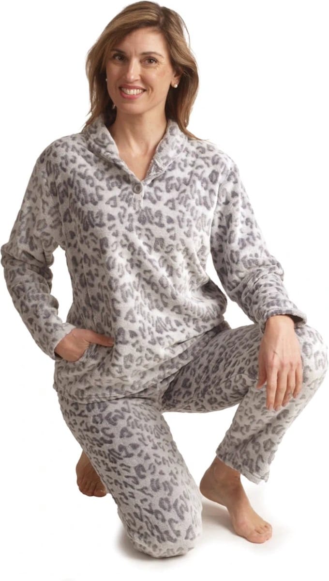 Cocodream dames huispak fleece - maat S - Panter - grijs