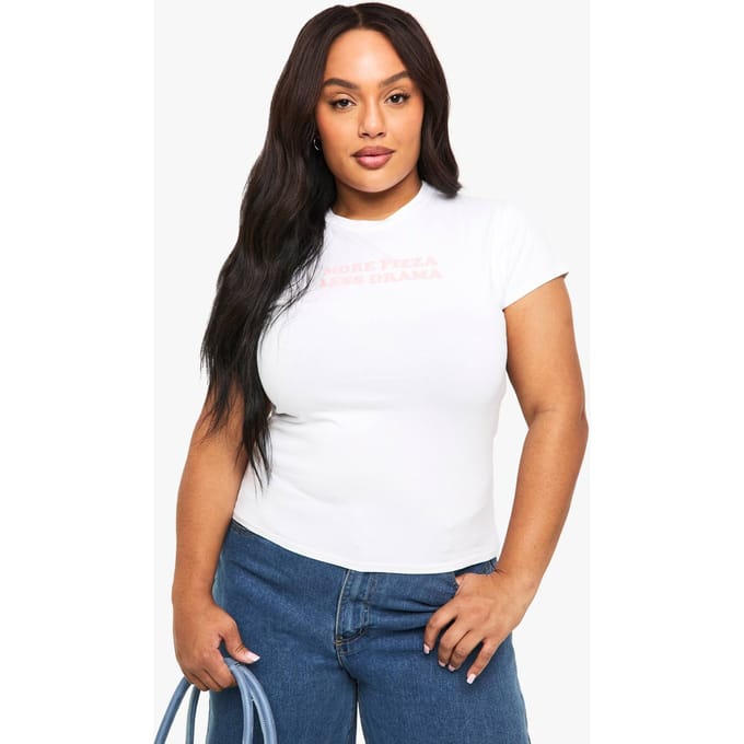 boohoo Dames PLUS MEER PIZZA, MINDER DRAMA BABY-TEE | Wit | Maat: 48