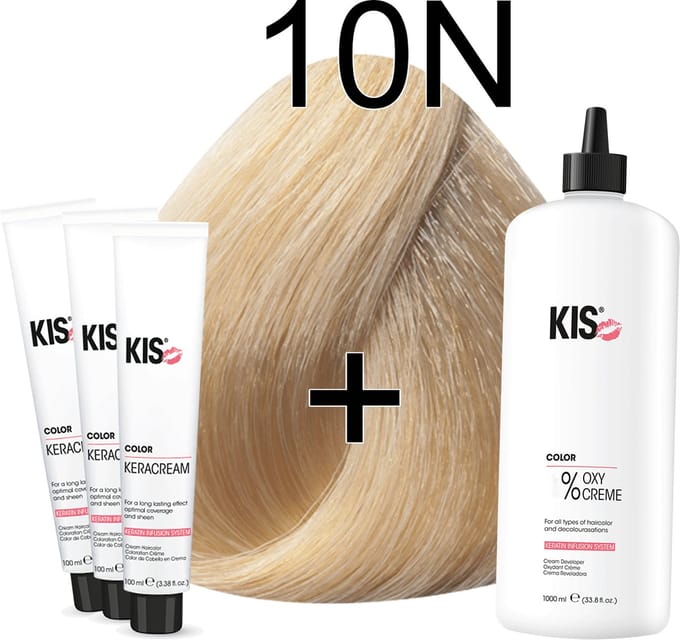Kis KeraCream Color - 100ml - Haarverf Set - 10N Extra lichtblond | KIS - (3 x haarverf & 1L waterstofperoxide)