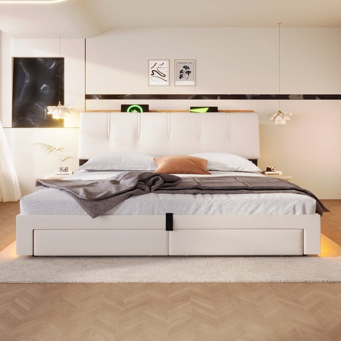 HAUSS SPOLE Gestoffeerd Bed 180x200 cm - Opbergbed Met USB En Type C En LED - Zonder Matras - Linnen - Beige