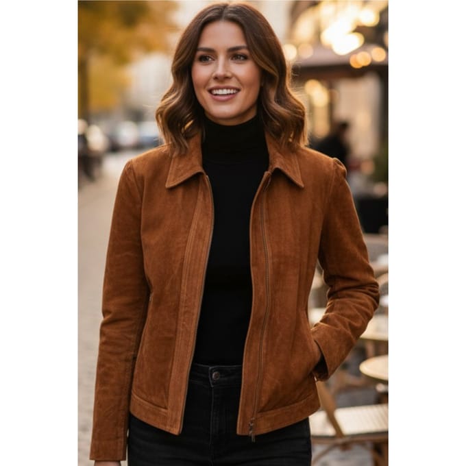 Dames beige suède leren bomber Blouson Varsity Jas - Stella
