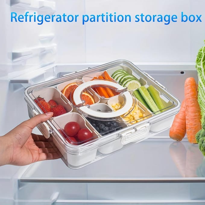 1 stuks Draagbare Snackcontainer Lunchbox met Deksel en Handvat Scheidingslade voor het Bewaren van Snacks Picknick Voedselcontainer, Koelkast Vershouddoos beige