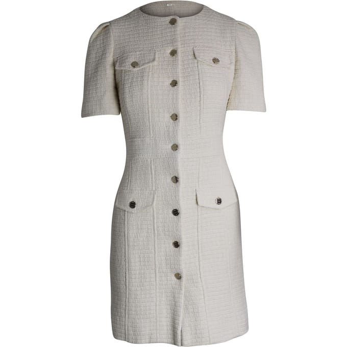Maje Rillio Bouclé Tweed Knopen-voor Mini Jurk in Crème Katoen
