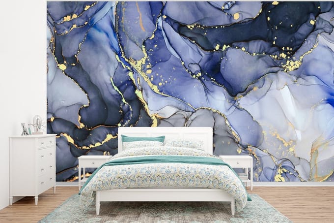 Behang - Fotobehang Marmer - Goud - Abstract - Blauw - Breedte 320 cm x hoogte 240 cm