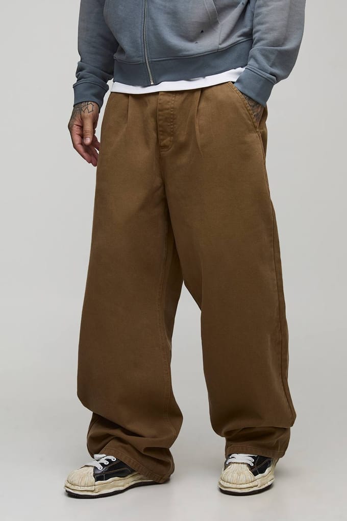 Tall Wide Fit Half & Half Waistband Washed Twill Trouser | Tobacco | Size Small