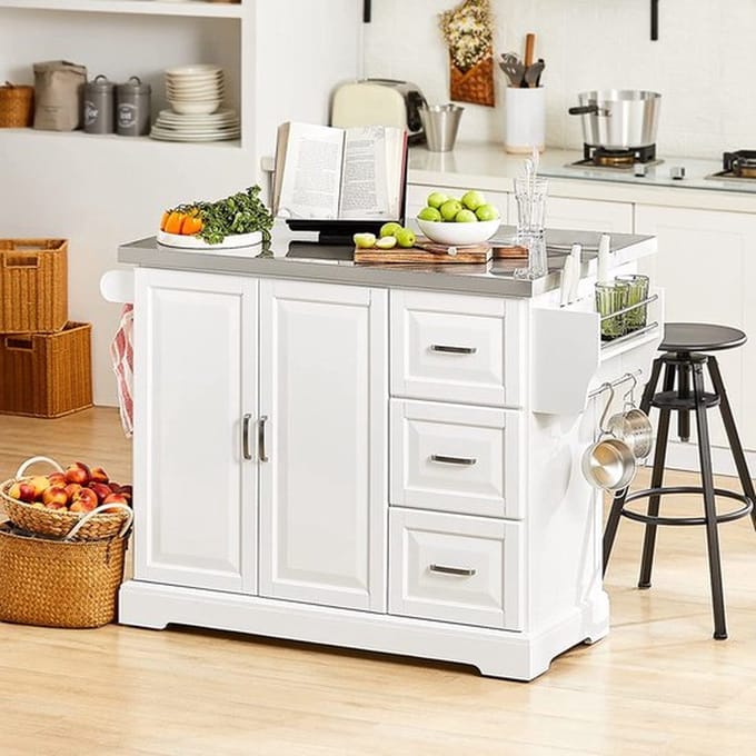 Keukeneiland - Verplaatsbaar - Keukenkast - Dressoir - Organizer - Kasten - RVS Werkblad - Lade - Wit