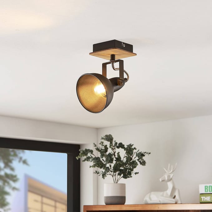 Lindby - buitenspot - 1licht - Staal, hout - H: 14 cm - E14 - zwart, licht hout
