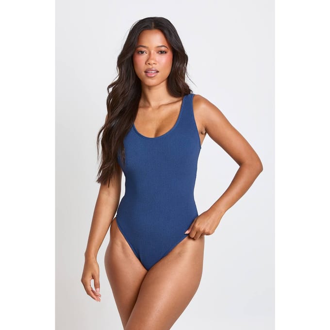 boohoo Dames Gestructureerd Badpak Met Ronde Hals | Navy | Maat: 12