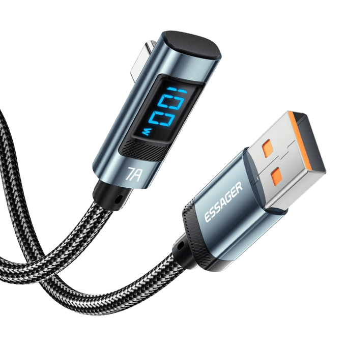 Essager 100W USB-A to USB-C Digital Display Elbow Data Cable Zwart 2m