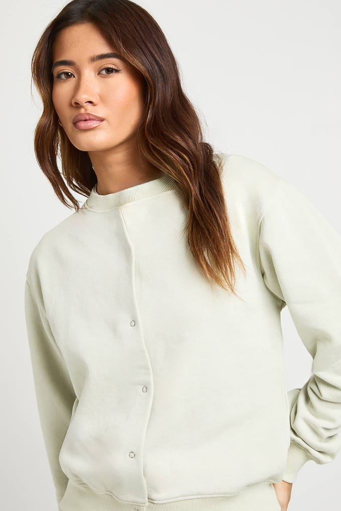 boohoo Dames Gewassen Popper Bomber Sweatshirt Wijde Pijpen Trainingspak | Steen | Maat: Medium