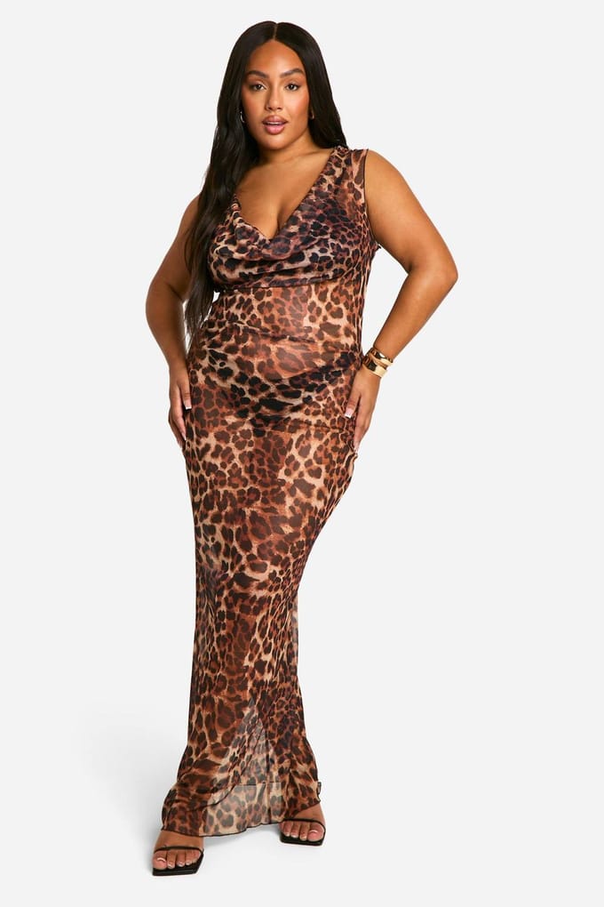 boohoo Dames Plus Luipaard Mesh Cowl Neck Maxi Jurk | Luipaardprint | Maat: 54