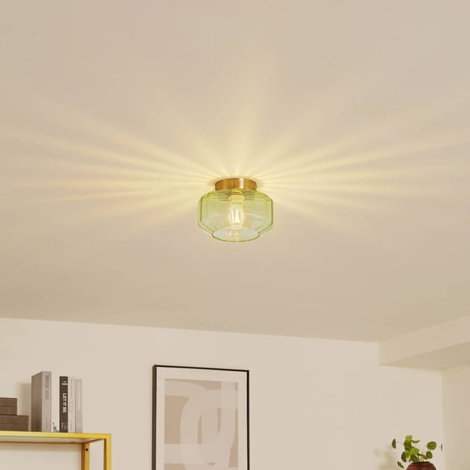 Lindby - plafondlamp - 1licht - Glas, ijzer - H: 15.3 cm - E27 - groen, messing