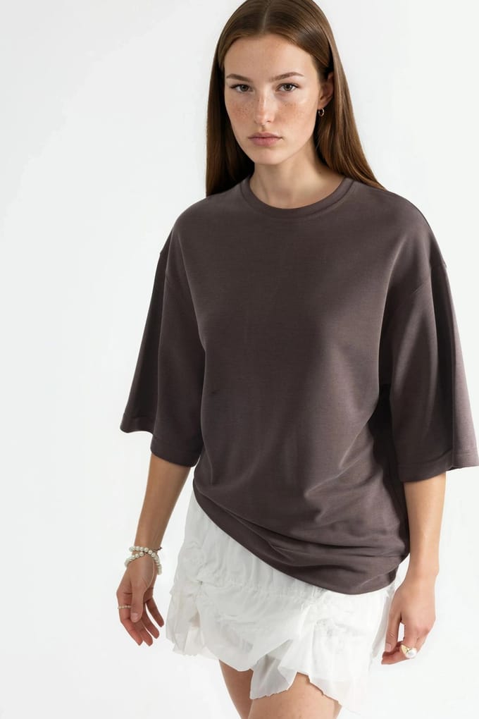 Oversized Geribde Korte Blouse met Ronde Hals