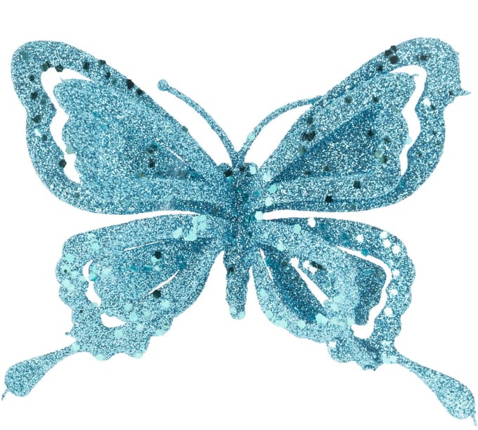 Kerstboomversiering Vlinder - 14 cm - blauw glitter - op clip - ornament