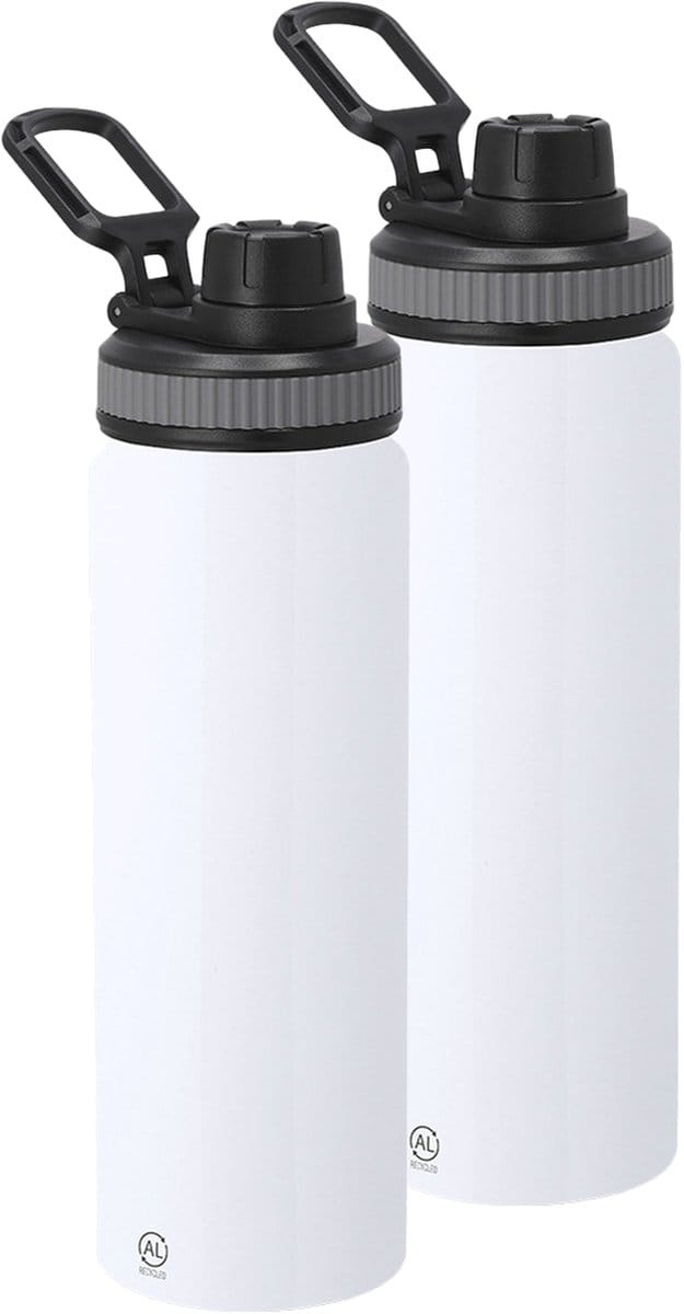 Bellatio Design Waterfles/drinkfles sport bidon Fitmaster - 2x - metallic wit - 800 ml - aluminium - schroefdop