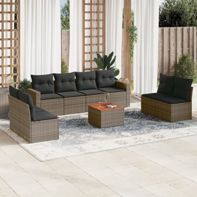 vidaXL - 9-delige - Loungeset - met - kussens - poly - rattan - grijs