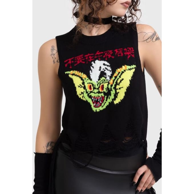 Killstar - Gothic Top - Gremlins - Stripe Distressed Knit Vest - S tot L - voor Vrouwen - zwart
