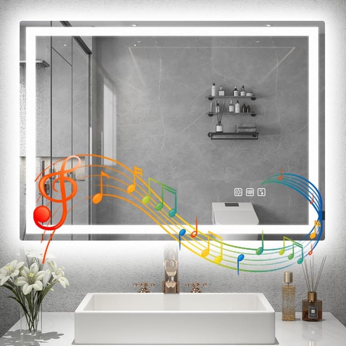 Verlichte Badkamerspiegel met Bluetooth Luidsprekers en Dimbare Knop - 60 x 80 cm
