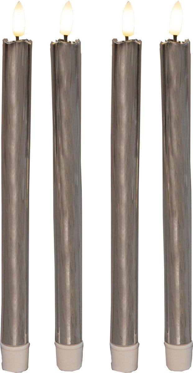 Anna's Collection LED dinerkaarsen - 4x st - zilver glimmend - 25 cm - met timer - 3D vlam