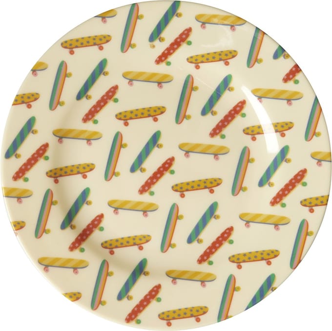 Rice 2 Ronde melamine bordjes met skateboard print, per 2 stuks