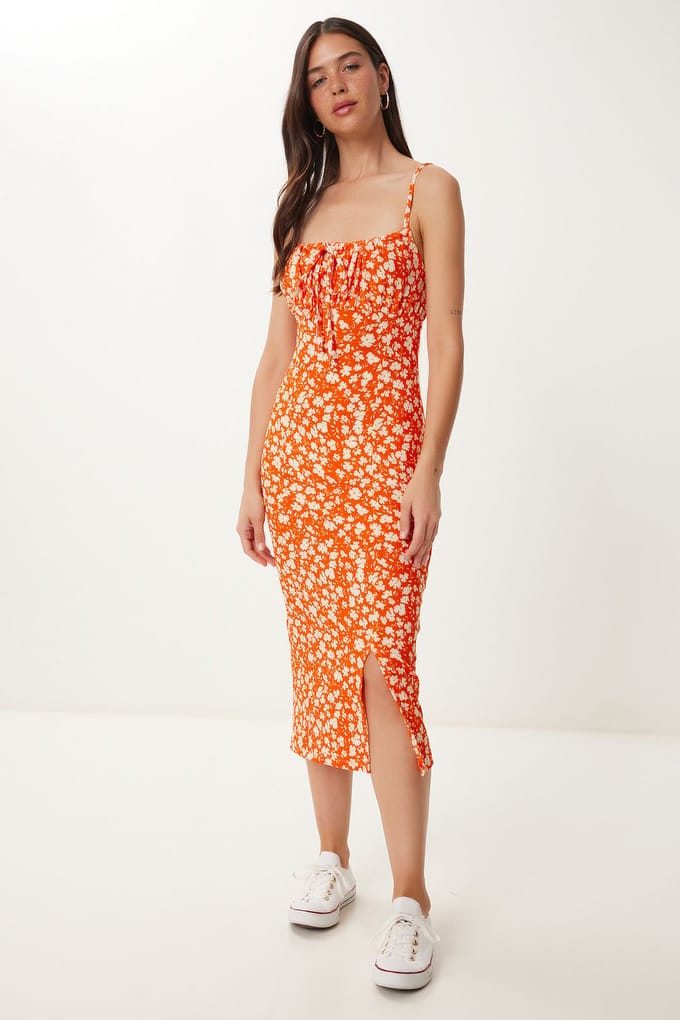Bloemengebroken Ribbel Bodycon Midi-jurk met Split