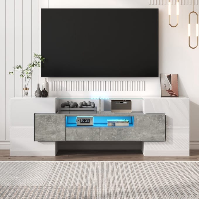 Sweiko TV-meubel - Hoogglans - 145 cm - Met LED-verlichting - Glazen blad - Wit + Grijs