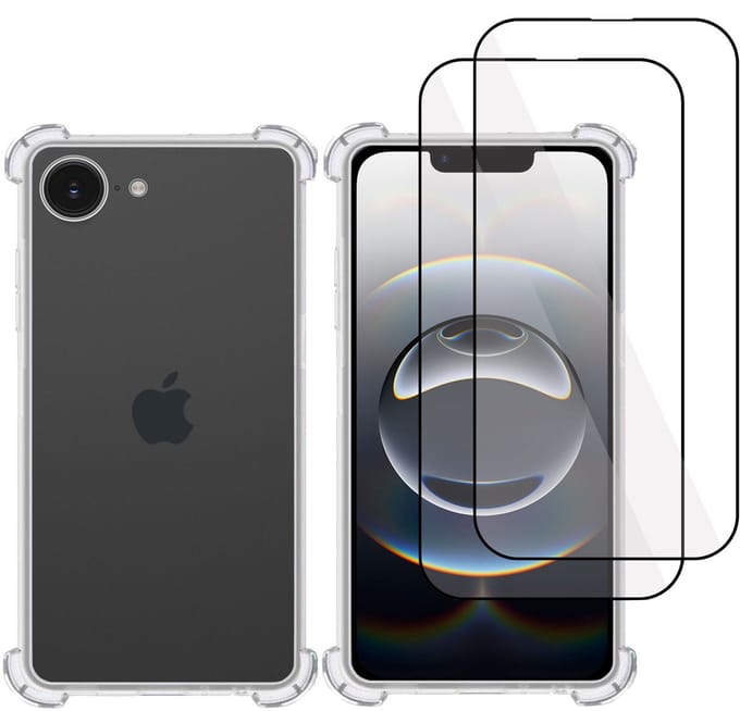 TechNow Hoesje + 2x Screenprotector geschikt voor iPhone 16e – Full Screen Tempered Glass - Extreme Shock Case Transparant