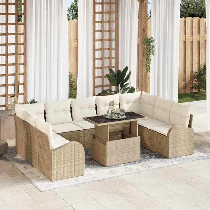 vidaXL Tuinbank Set met kussen met opslag 10 pcs Beige Poly rattan
