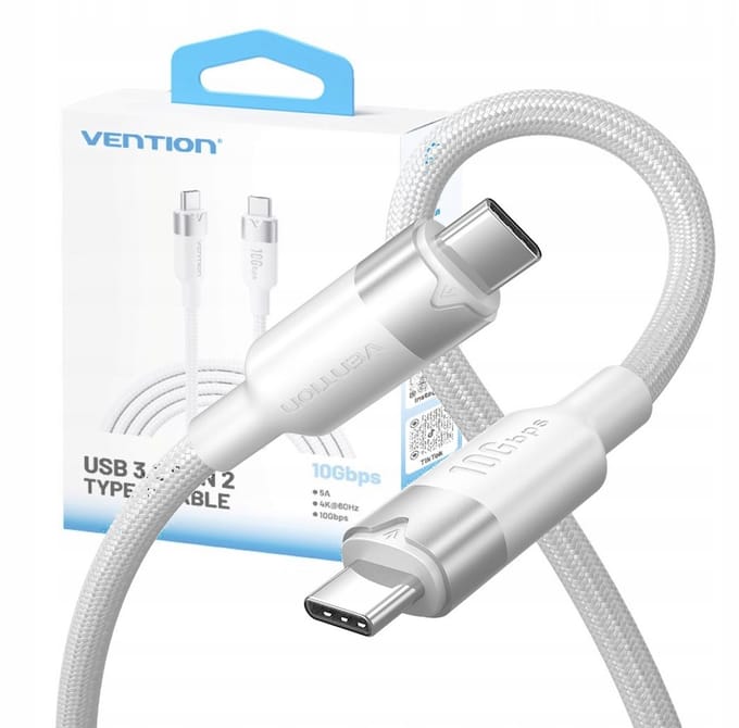 Ventie USB-C naar USB-C Kabel 3.2 5A 10Gbps 4K 1m Wit