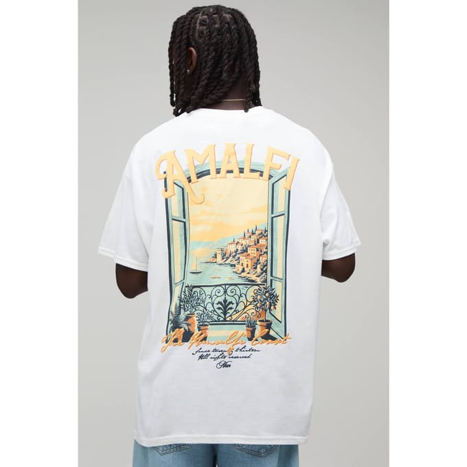 Oversized Heren Script Amalfi Print T-shirt | White | Size Large