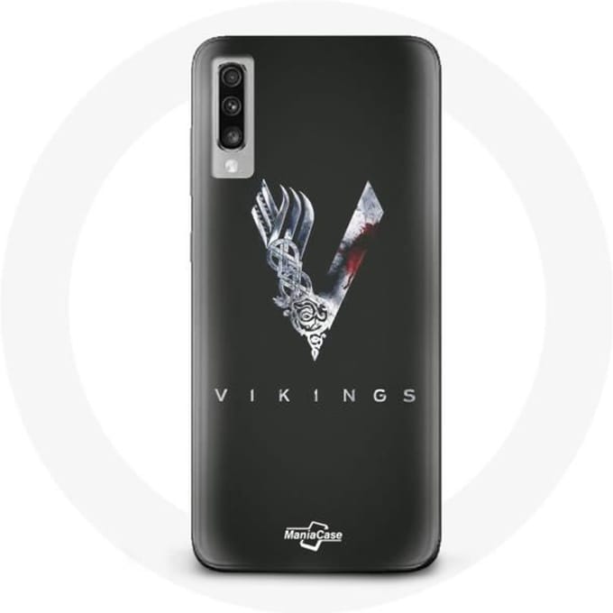 Coque pour Samsung Galaxy A50 Vikings Série Saison 6 logo V Epée Gris Fond Noir