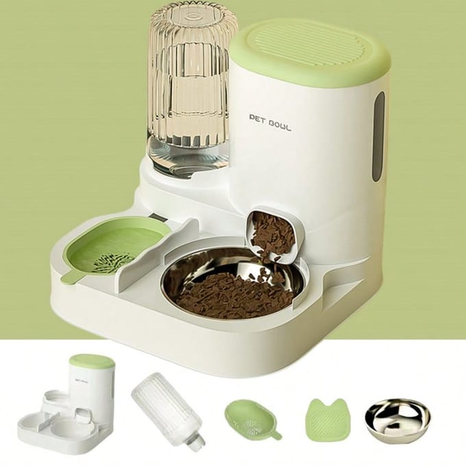 Dispenser Set - Afneembaar, Wasbaar, Automatisch Voerstation, Binnen Kattenvoerbak groen