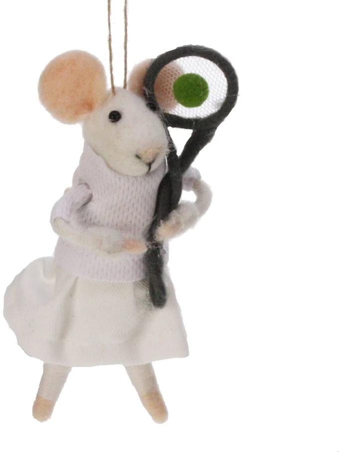 Muis met tennisracket vilt 6x10x15cm