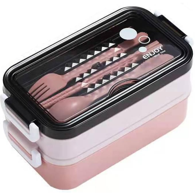 1 stuks 1400ml Dubbellaagse Lunchbox Draagbare Compartiment Voedseldoos Magnetron Lunchbox Met Vork Eetstokjes En Lepel Picknick Vers 3&1400ml&2 black