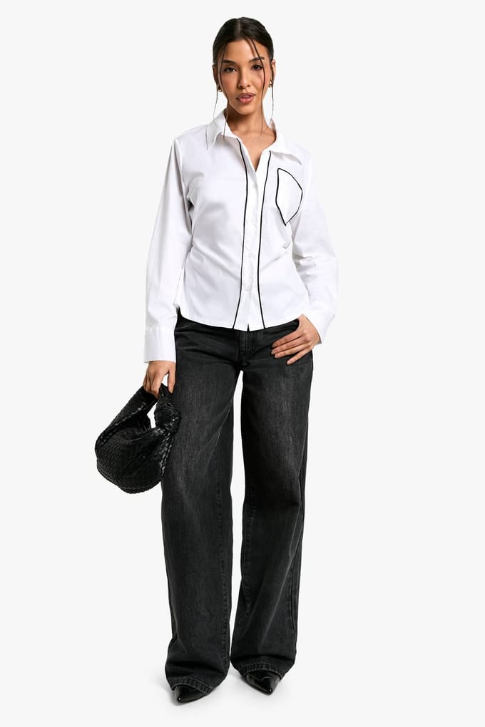 boohoo Dames Contrast Paspel Strikshirt | Wit | Maat: 36