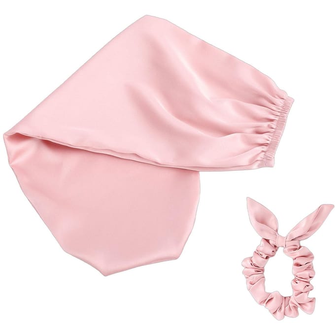 Slaapmuts voor Dagelijks Gebruik 2-in-1 Haarelastiekjes en Krullend Haar Mutsje met Elastische Scrunchie Roze white