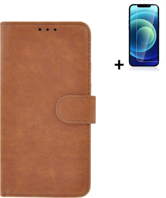 Hoesje Geschikt voor iPhone 13 + Screenprotector iPhone 13 - iPhone 13 Hoes Wallet Bookcase Bruin + Tempered Glass