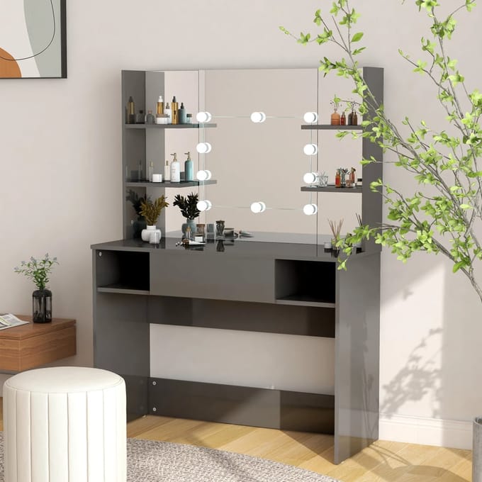 vidaXL - Kaptafel - met - LED-verlichting - 100x40x135 - cm - MDF - glanzend - grijs